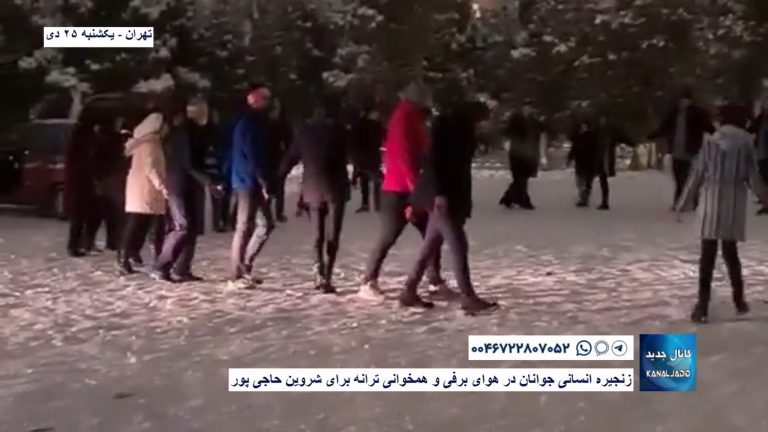 تهران – زنجیره انسانی جوانان در هوای برفی و همخوانی ترانه برای شروین حاجی پور
