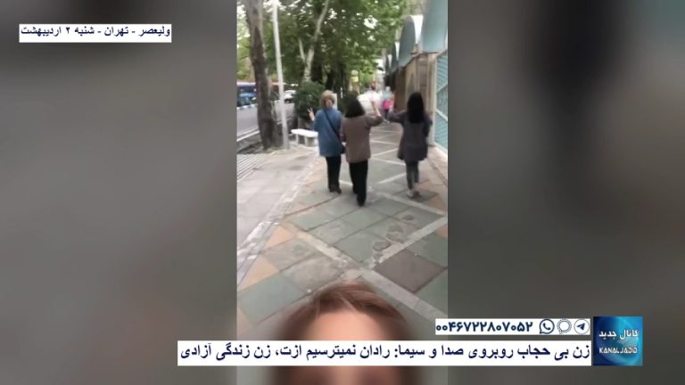 ولیعصر – تهران – زن بی حجاب روبروی صدا و سیما: رادان نمیترسیم ازت، زن زندگی آزادی