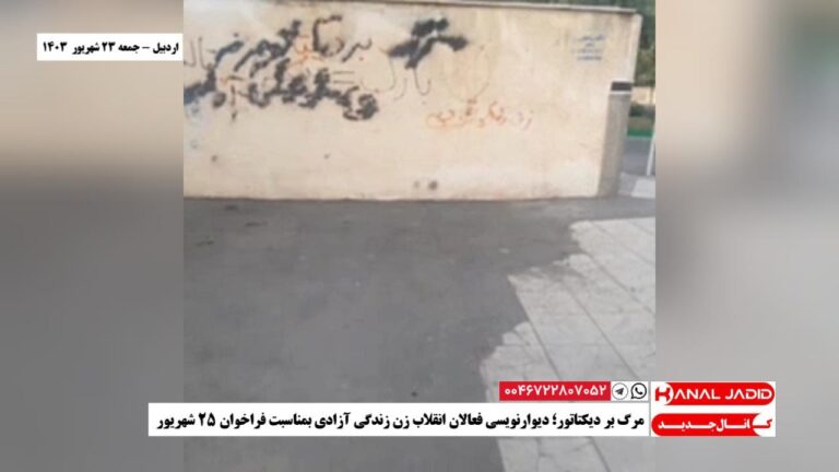 اردبیل – مرگ بر دیکتاتور؛ دیوارنویسی فعالان انقلاب زن زندگی آزادی بمناسبت فراخوان ۲۵ شهریور